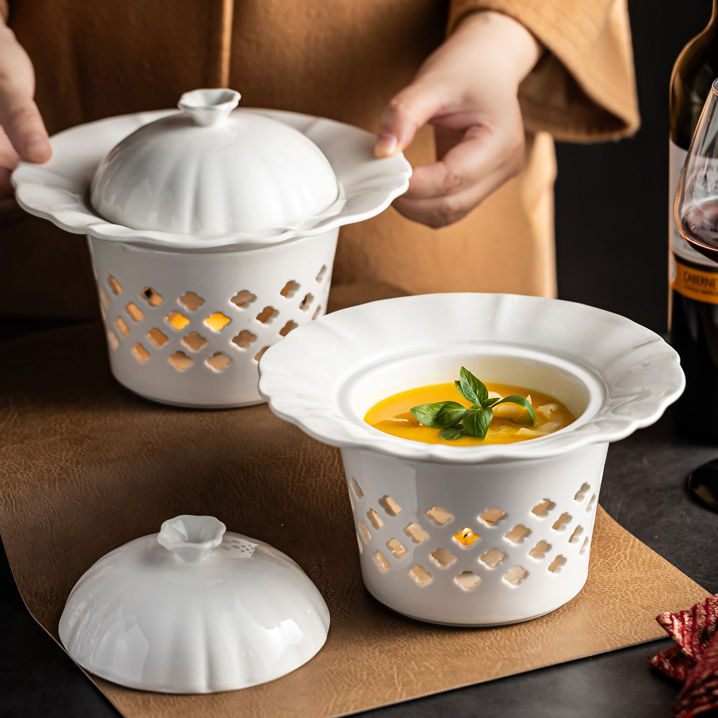 创意高级清荷翅盅酒店商用汤盅大容量陶瓷带加热炉汤盅鱼翅鲍鱼煲