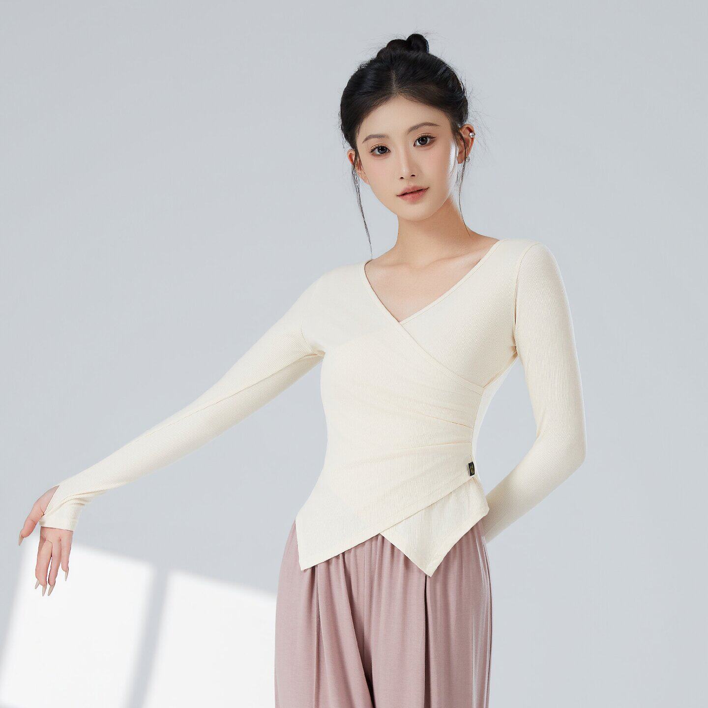 现代舞练功服女长袖交叉V领修身显瘦古典舞中国舞专业上衣跳舞裤