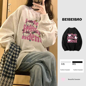 HelloKitty纯棉无帽卫衣女秋冬新款加绒加厚oversize保暖套头上衣