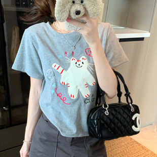 上衣女装 实拍纯棉螺纹短袖 卡通刺绣花圆领韩版 t恤夏2025短款 修身