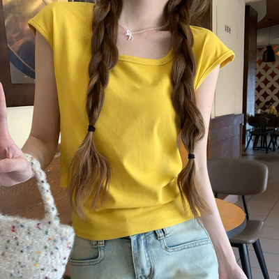 黄色方领小飞袖T恤女夏季2025新款小心机后背镂空egg短袖修身上衣