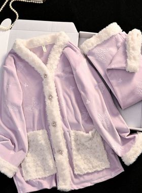 紫色压花毛茸茸睡衣女海岛绒秋冬季新款时尚亲肤保暖家居服两件套