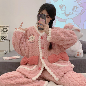 睡衣女秋冬季珊瑚绒加厚加绒法兰绒甜美卡通猫咪家居服套装可外穿