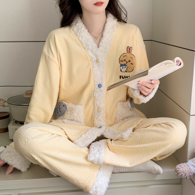 海岛绒睡衣女V领开衫秋冬季新款甜美可爱少女珊瑚薄绒家居服套装