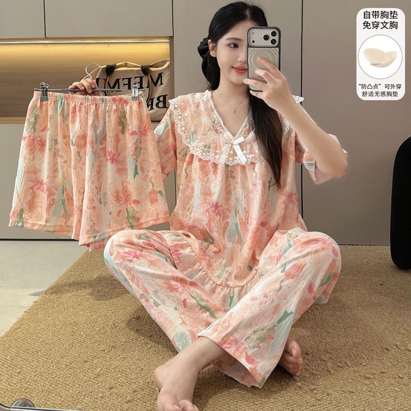 甜美公主风云朵棉睡衣女夏季新款带胸垫免穿文胸短袖家居服三件套