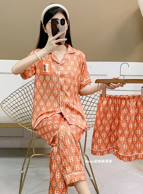 冰丝睡衣女高级感橙色H字母短袖三件套薄款丝绸舒适家居服夏季款