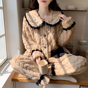 加厚珊瑚绒公主风睡衣女秋冬季款加绒保暖休闲法兰绒家居服可外穿