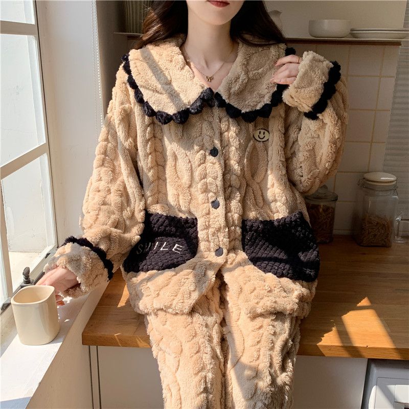 秋冬季新款珊瑚绒睡衣女加绒加厚公主风甜美法兰绒保暖家居服套装
