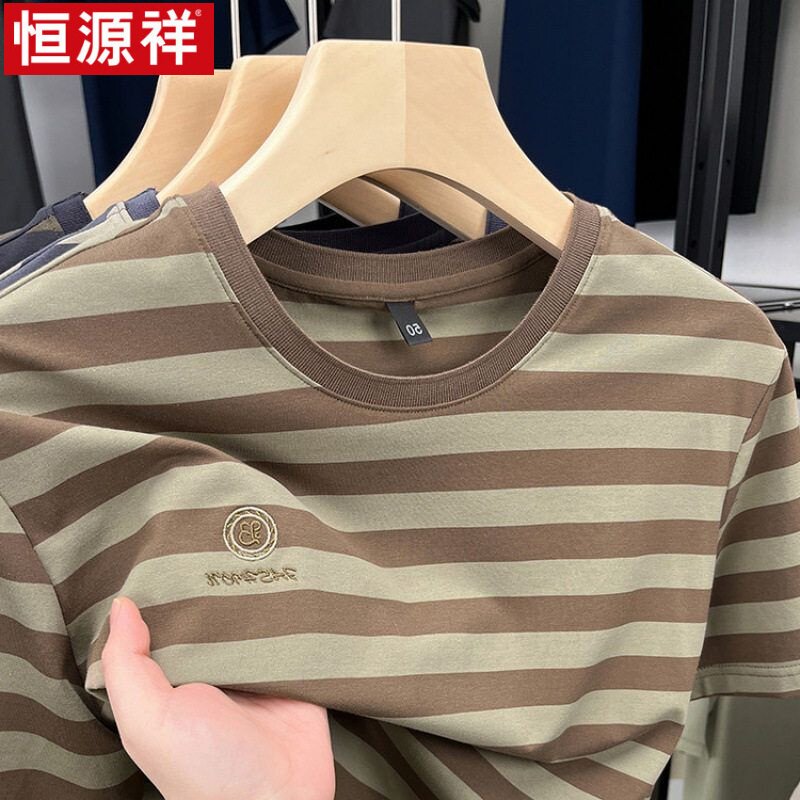 恒源祥正品商务休闲色织条男士圆领短袖中年爸爸装条纹短袖T恤衫