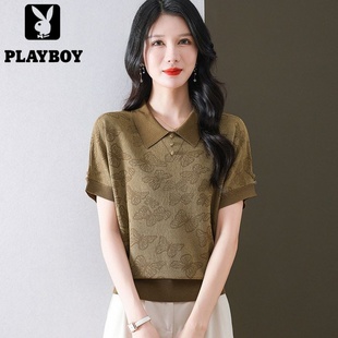 体恤减龄polo 花花公子翻领短袖 t恤女夏季 年轻妈妈薄款 冰丝针织衫