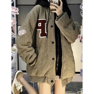 灯芯绒假两件卫衣外套女秋冬新款美式复古bf情侣加厚棉服连帽开衫