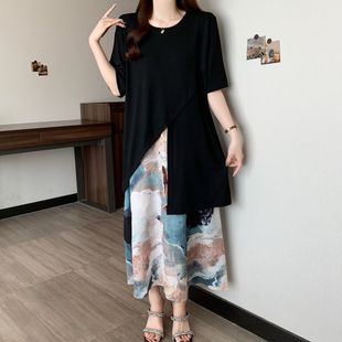 微胖mm设计感短袖 2025夏装 女装 新款 开叉T恤半身裙两件套 大码