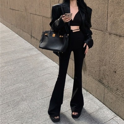 小香风黑色机车服皮衣西装外套女春秋冬季法式气质高级感港风上衣