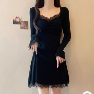 黑色法式蕾丝拼接加绒加厚连衣裙冬天大码胖mm显瘦裙子内搭打底裙