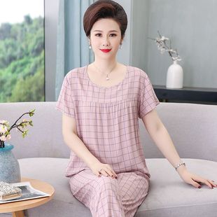 外穿 睡衣女夏季 绵绸中年妈妈棉绸夏天睡衣套装 老人短袖 家居服大码