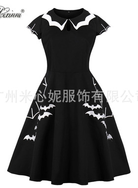 独家热卖新款跨境万圣节蝙蝠绣花加大码连衣裙8092A