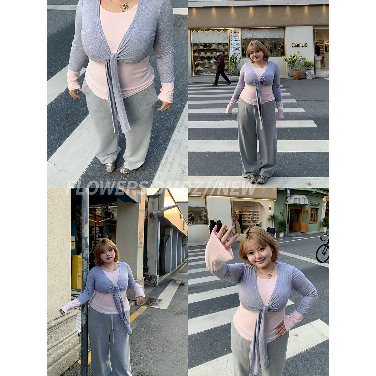 全球花【姐系穿搭】大码纯欲辣妹假两件绑带上衣松紧腰宽松阔腿裤