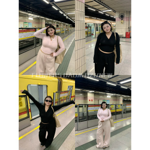 全球花【软妹甜心】大码甜美V领长袖上衣修身显瘦休闲长裤套装女