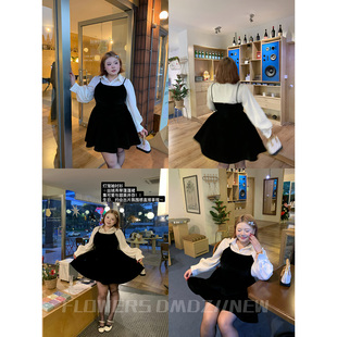 全球花【黑丝绒繆斯】大码法式黑丝绒收腰吊带连衣裙娃娃衬衫上衣