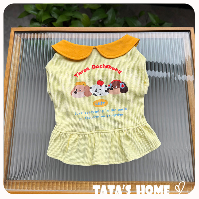 它它家原创宠物春连衣裙法斗柯基泰迪雪纳瑞巴哥娃娃领印花连衣裙