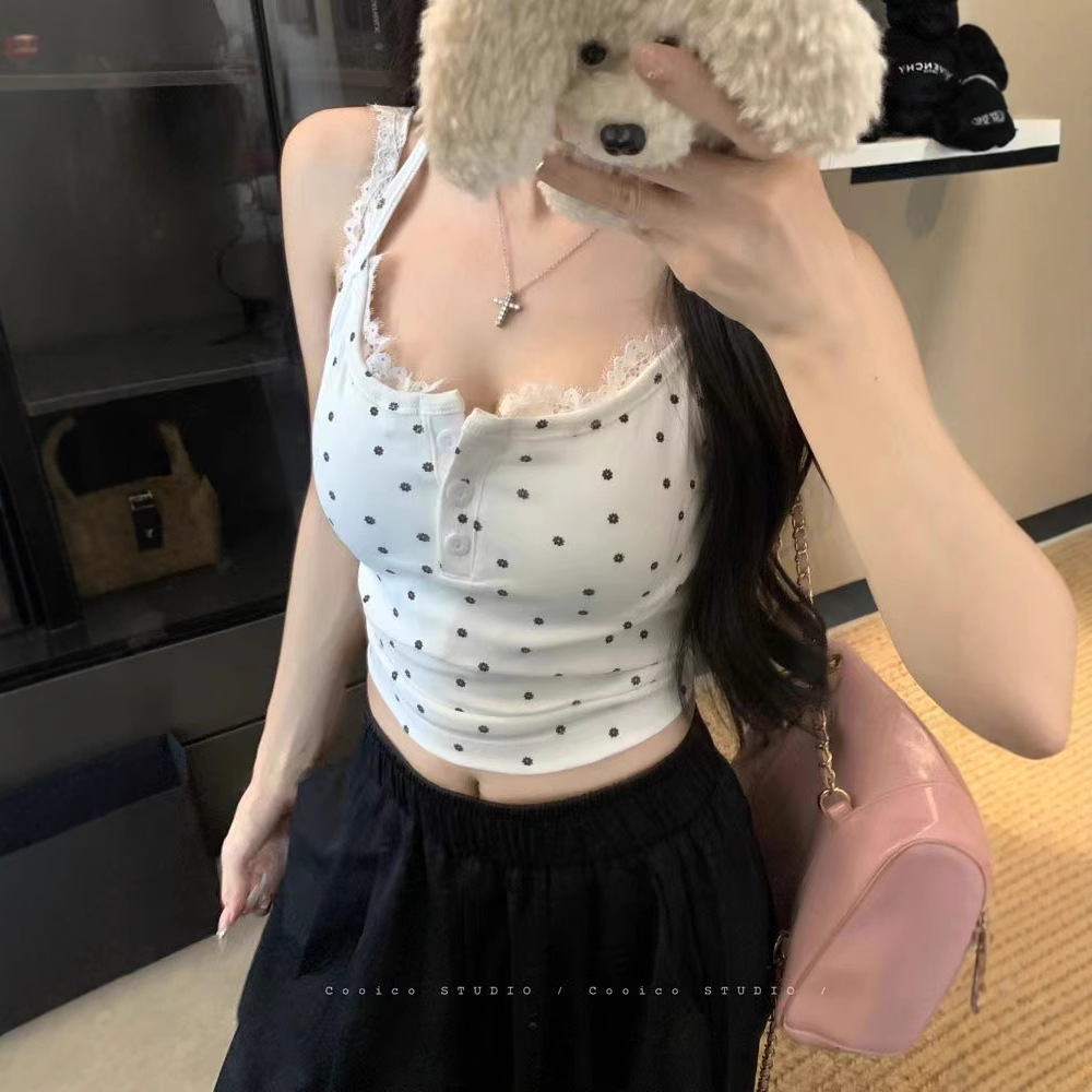 新款甜辣妹蕾丝边波点小吊带女装夏季性感修身带胸垫背心上衣