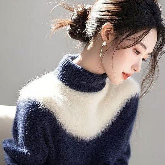 洋气拼接半高领毛衣秋冬款打底毛衣时尚休闲可外穿可叠穿女装上衣