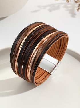 新款亚马逊多条渐变男手环皮绳混色百搭女士pu皮革皮手链磁扣手镯