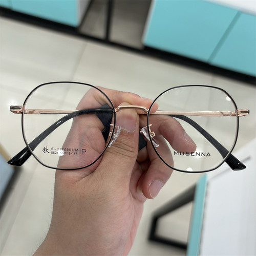 musenna木森纳眼镜框titanium ip眼镜架黑金多边形8624 50 18-147