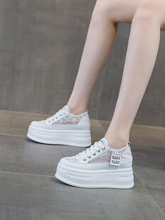 夏季网面内增高小白鞋女8CM厚底真皮休闲散步鞋旅游鞋坡跟网鞋潮