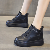 真皮内增高女鞋 加棉魔术贴休闲短靴 秋冬季 9CM厚底坡跟小黑鞋 皮鞋