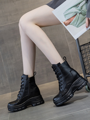 马丁靴女内增高真皮厚底
