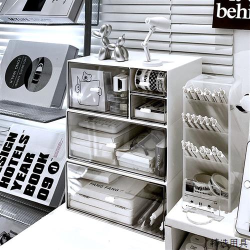 简约款桌面收纳盒抽屉式小型透明书桌文具置物架办公室工位整理盒