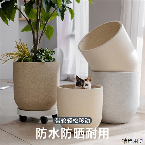 镁泥圆形落地花盆琴叶榕侘寂风大口径花器超大客厅艺术大型多层