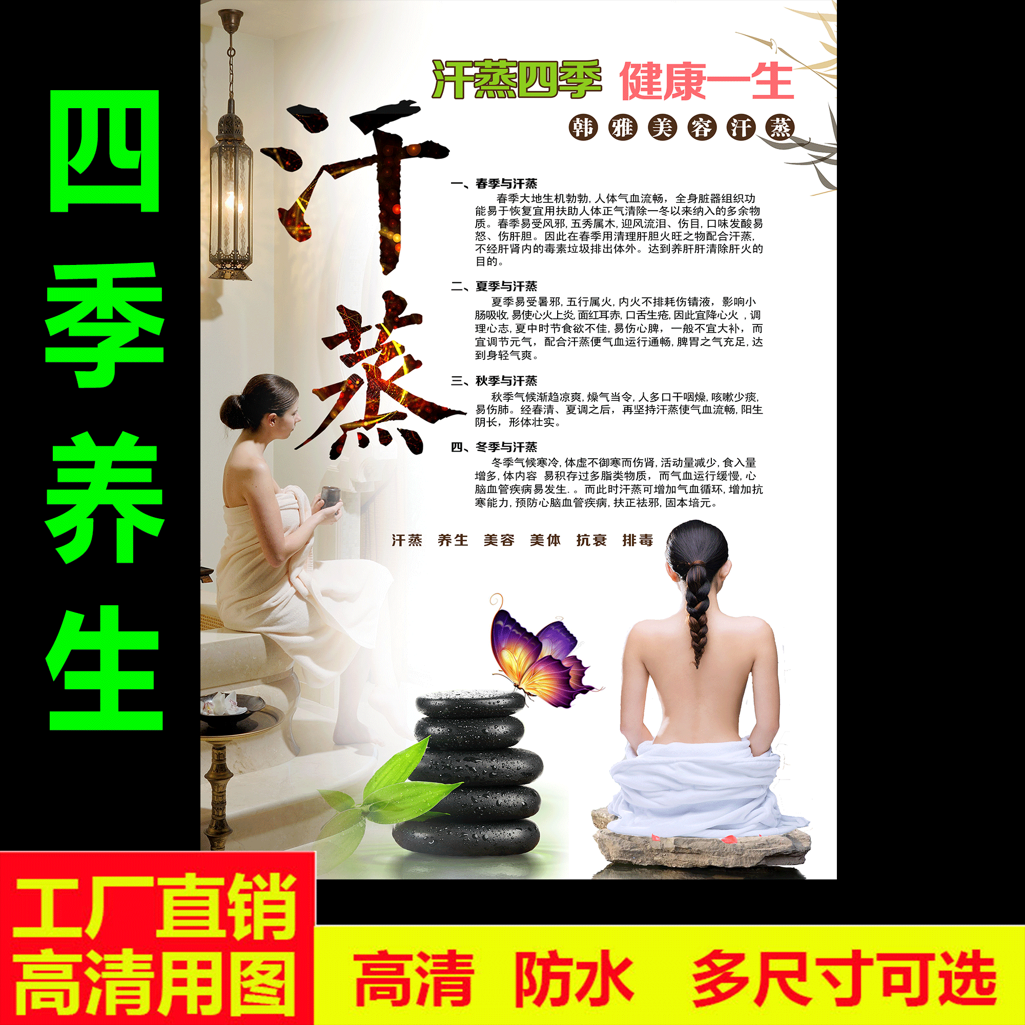 汗蒸四季养生海报挂图美容院汗蒸馆汗蒸的好处知识墙贴中医文化图