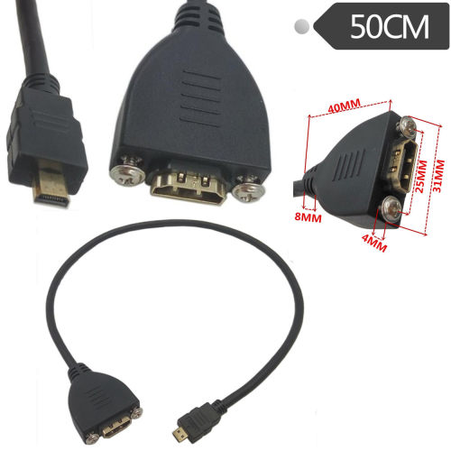 D型 micro HDMI公对母高清线延长线带螺丝孔可固定面板线0.5米