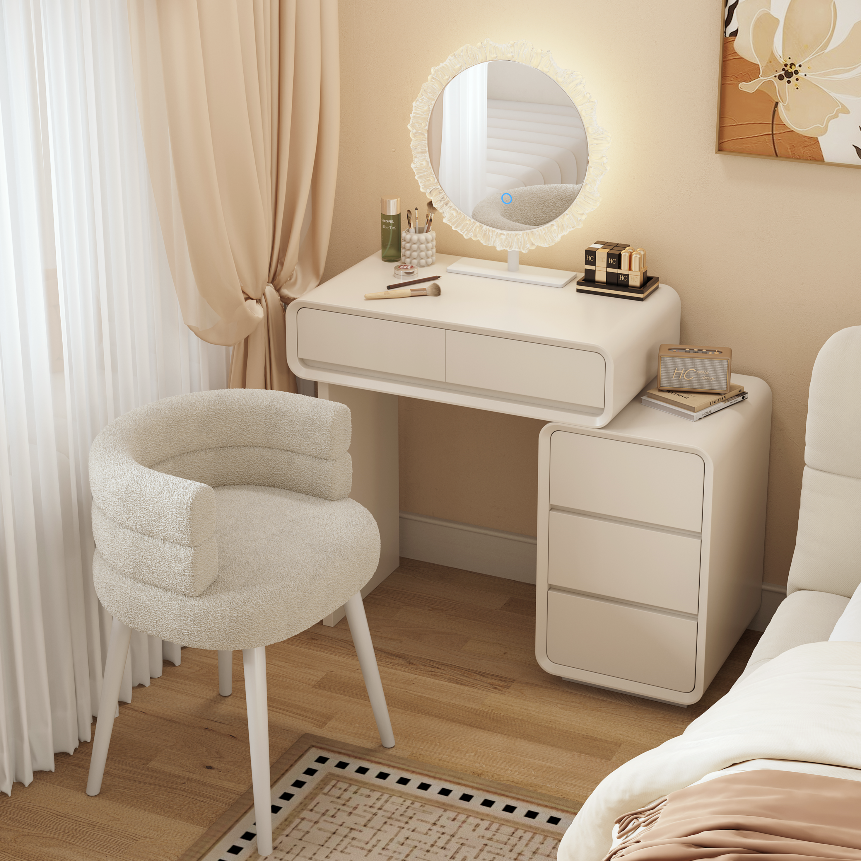 梳妆台卧室现代简约2025新款实木烤漆奶油风小户型化妆桌斗柜一体