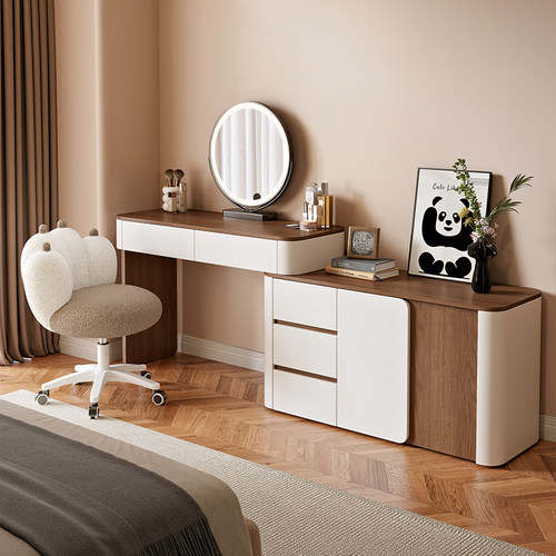 实木梳妆台卧室现代简约化妆桌轻奢高挡转角斗柜一体中古奶油风
