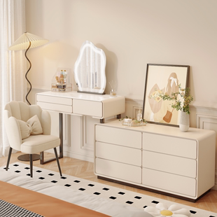 实木梳妆台2023新款 卧室简约现代床尾可伸缩斗柜一体奶油风化妆桌