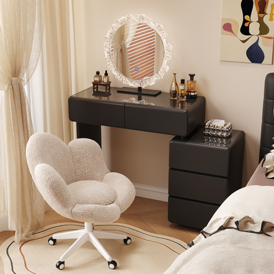 实木梳妆台卧室收纳柜现代简约中古奶油风小户型化妆桌斗柜一体