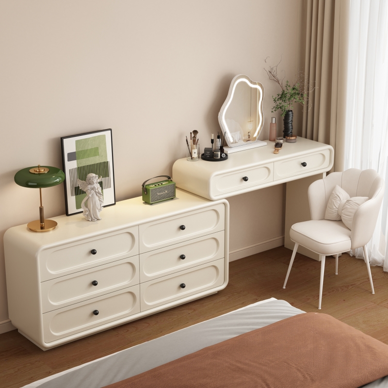 法式奶油风实木烤漆梳妆台卧室 现代简约床尾转角化妆桌斗柜一体