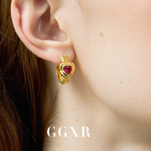 GGXR 原创玫红爱心耳环hoop无耳洞耳夹项链套装 耳环饰品