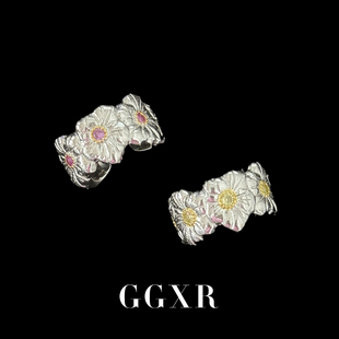 GGXR 925银镶钻雏菊栀子花戒指女开口设计指环显手长活口戒指