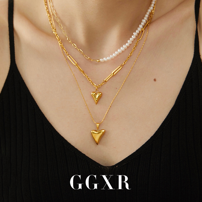 欧美金色爱心复古叠戴吊坠锁骨链