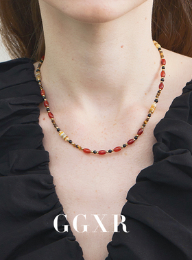 GGXR 2025春夏复古百搭天然红色串珠项链锁骨链短款叠戴
