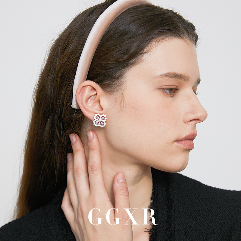 GGXR 满钻四叶草粉色水滴耳环无耳洞耳夹轻奢小众高级感设计耳饰