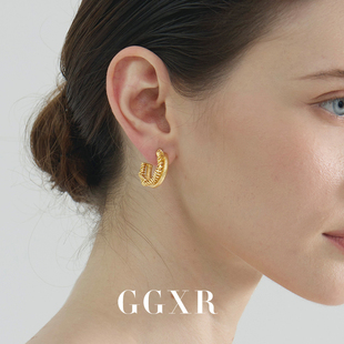 GGXR 极简风金属双层扭纹设计感耳环无耳洞耳夹复古Vintage风