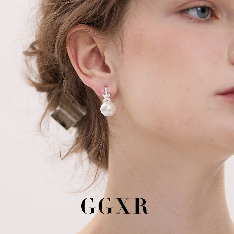 四葉草鑲鉆吊珍珠耳環耳夾