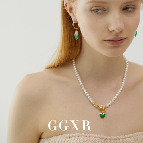 GGXR 裴智秀同款OT扣小爱心珍珠项链复古气质设计饰品锁骨链女