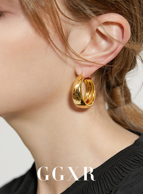 GGXR 欧美金色粗圈HOOP风耳环简约冷淡风时髦无耳洞耳夹