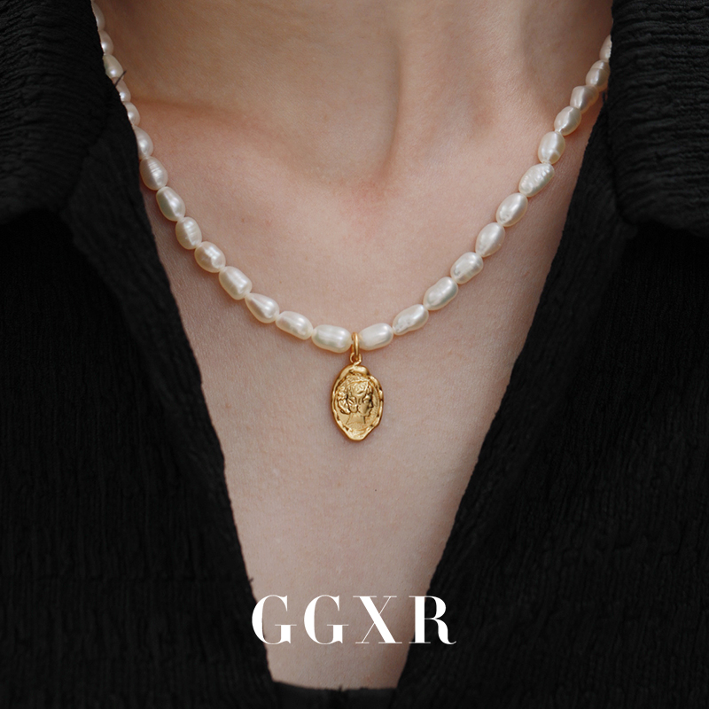 GGXR 秋夏复古宫廷风珍珠金币头像珍珠项链洛可可风格毛衣链